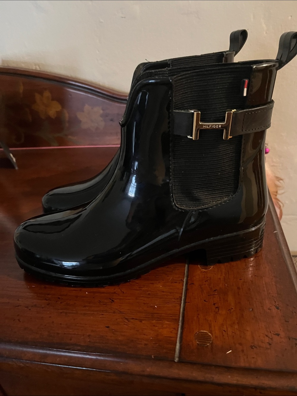 Tommy Hilfiger Black Patent Chelsea Ankle Rain Boots